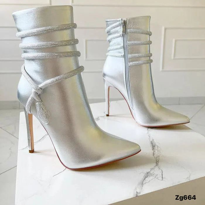 Botin plateado apliques brillantes cordon tacon puntilla 11cm BKKX8279 C-60